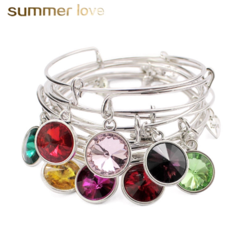 Birthstone Gemstone Charm Silver Bangle Bracelet - Picture 8 of 8